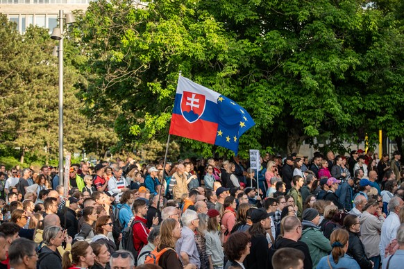 epa11314808 People take part in a demonstration against the government&#039;s plan of reorganization of the RTVS public broadcaster, in Bratislava, Slovakia, 02 May 2024. Radio and Television of Slova ...