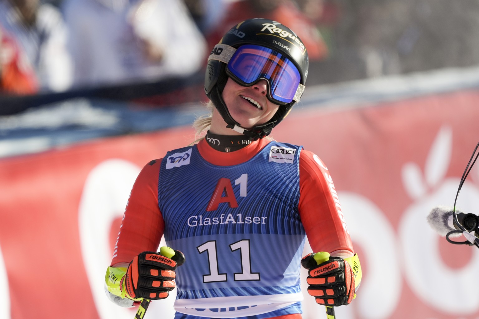 Switzerland&#039;s Lara Gut Behrami celebrates at the finish area during an alpine ski, women&#039;s World Cup super-G race, in Altenmarkt-Zauchensee, Austria, Friday, Jan. 12, 2024. (AP Photo/Giovann ...