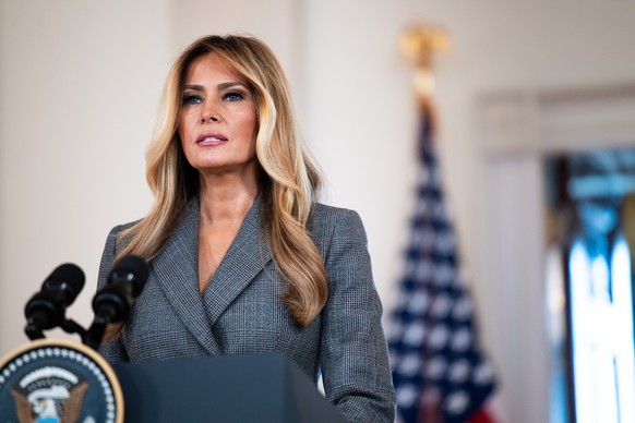 epa12878651 US First Lady Melania Trump delivers remarks from the Grand Foyer of the White House in Washington, DC, USA, 09 April 2026. The first lady delivered a statement from the White House denyin ...