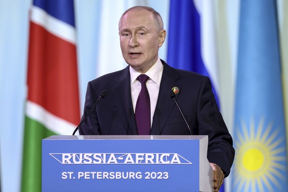 Russian President Vladimir Putin speaks to the media at the Russia Africa Summit in St. Petersburg, Russia, Friday, July 28, 2023. (Valery Sharifulin/TASS Host Photo Agency Pool Photo via AP)