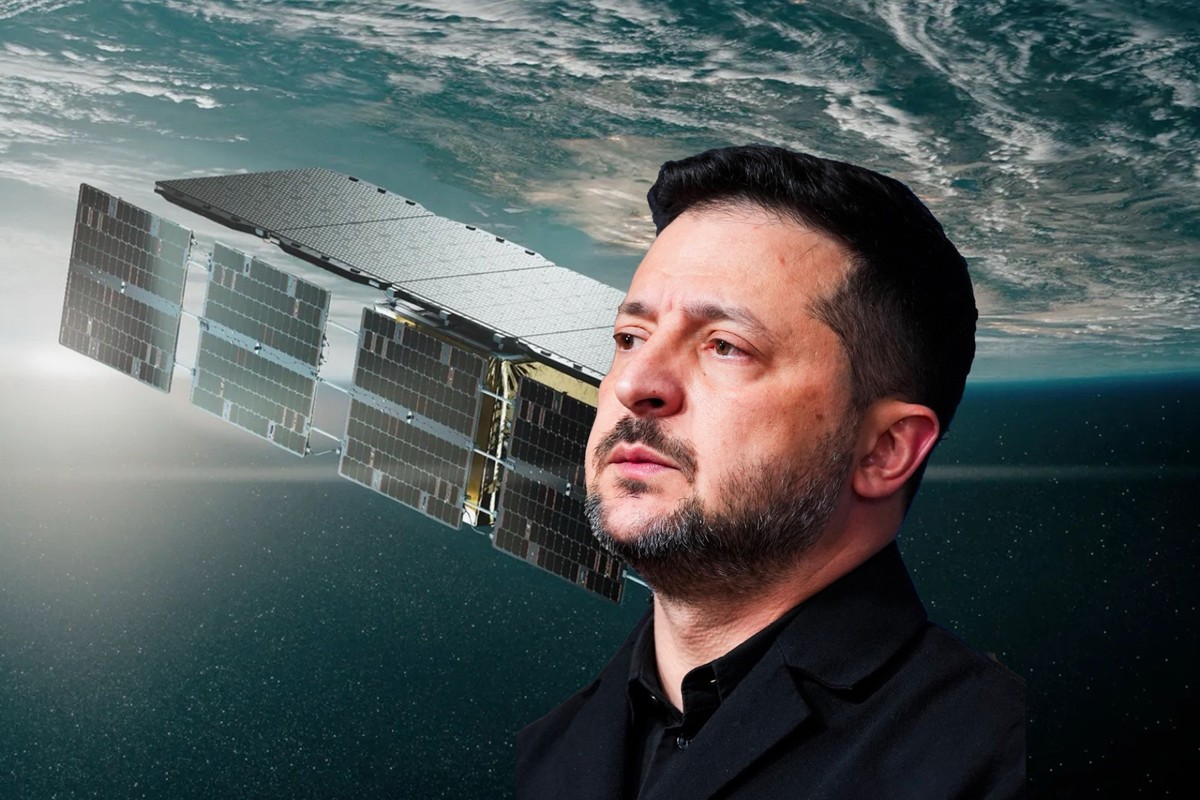 Teaserbild zu Selenskyj und ukrainischen Bemühungen für eigenen Satelliten-Kommunikationsdienst und militärische Aufklärung.