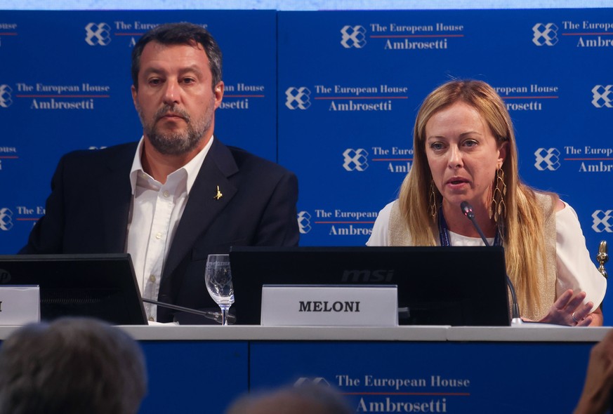 epa10158988 League leader Matteo Salvini (L) and Brothers of Italy leader Giorgia Meloni attend the annual international economic conference Ambrosetti Forum at Villa d&#039;Este in Cernobbio, Como, I ...