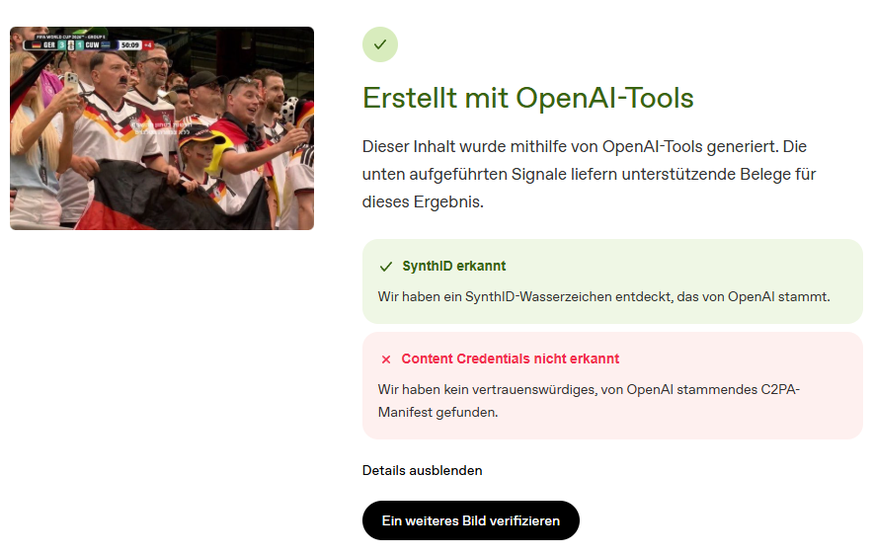 OpenAI hat im Bild das eigene SynthID-Wasserzeichen erkannt. Es ist also zweifelsfrei eine KI-Manipulation.
