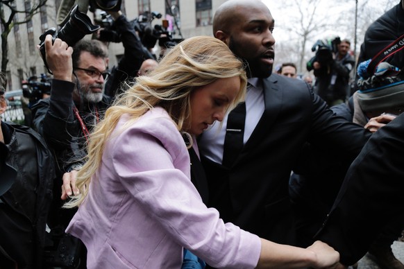 Porn actress Stormy Daniels arrives at federal court, Monday, April 16, 2018, in New York. A U.S. judge will hear more arguments about President Donald Trump&#039;s extraordinary request that he be al ...