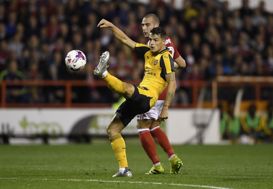 Britain Football Soccer - Nottingham Forest v Arsenal - EFL Cup Third Round - The City Ground - 20/9/16
Arsenal&#039;s Granit Xhaka in action with Nottingham Forest&#039;s Patjim Kasami 
Action Imag ...