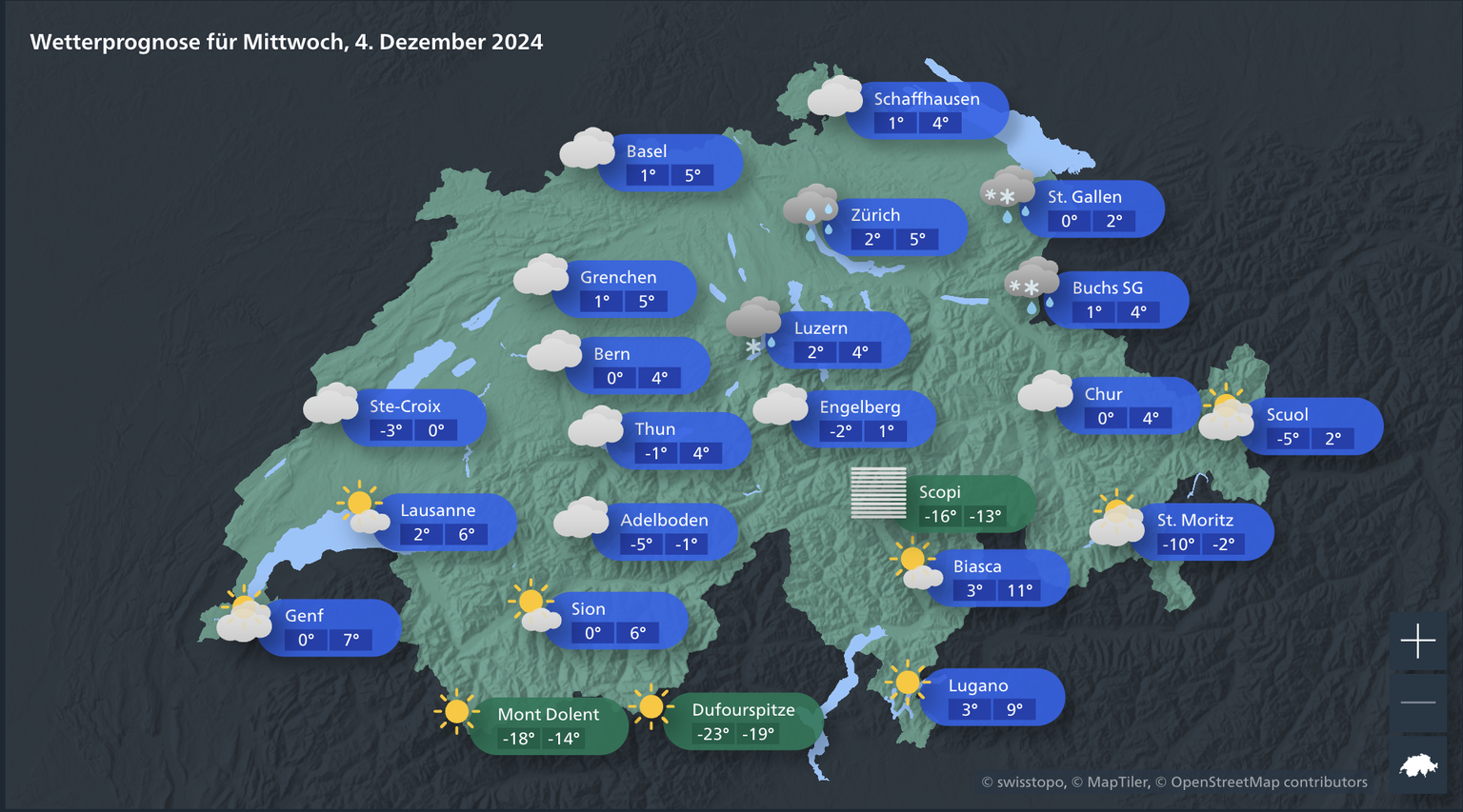 Die Wetterprognose für die Schweiz am Mittwoch, Schnee ist auch im Flachland möglich.