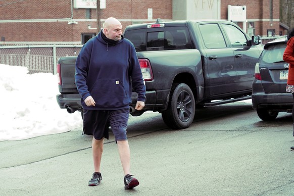 Democratic candidate for the Pennsylvania U.S.senate seat in the 2022 primary election, Lt. Gov. John Fetterman, arrives for a campaign stop at the Mechanistic Brewery, in Clarion, Pa., Saturday, Feb. ...