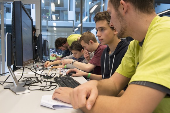 Schüler informieren sich an der Eidgenössischen Technischen Hochschule Lausanne zum Thema Informatik.