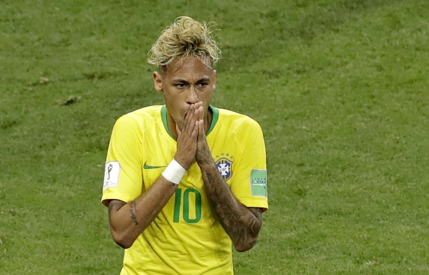 Brazil's Neymar reacts after failing to score during the group E match between Brazil and Switzerland at the 2018 soccer World Cup in the Rostov Arena in Rostov-on-Don, Russia, Sunday, June 17, 2 ...