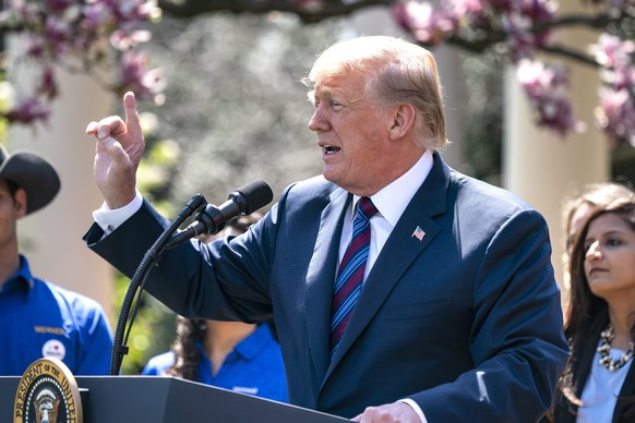 epa06664910 US President Donald J. Trump speaks about his tax cuts in the Rose Garden of the White House in Washington DC, USA, 12 April 2018. Earlier in the day, President Trump once again taunted Ru ...