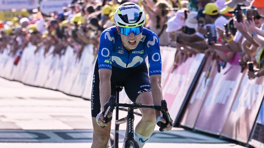 Switzerland's Marlen Reusser crosses the finish line of the eighth stage of the Women's Tour de France cycling race (Tour de France Femmes) between Sisteron and Nice in Nice, France, Saturda ...