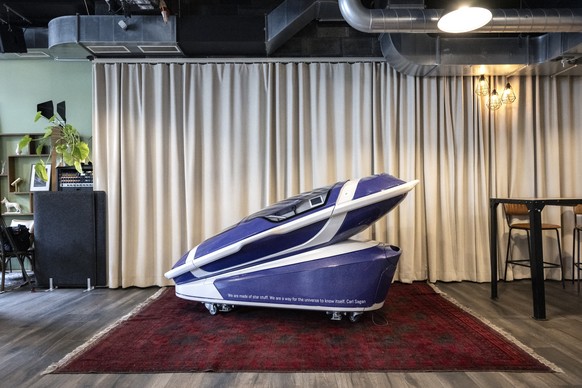 epa11483316 The death capsule &#039;Sarco&#039; developed by Exit International is presented during a press conference at Resilient Studios in Zurich, Switzerland, 17 July 2024. The Last Resort euthan ...
