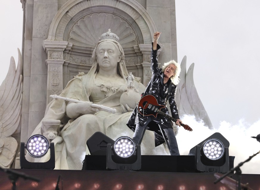 FILE - Queen guitarist Brian May performs during the Platinum Jubilee concert taking place in front of Buckingham Palace, London June 4, 2022. May, who is also an animal welfare campaigner, was appoin ...