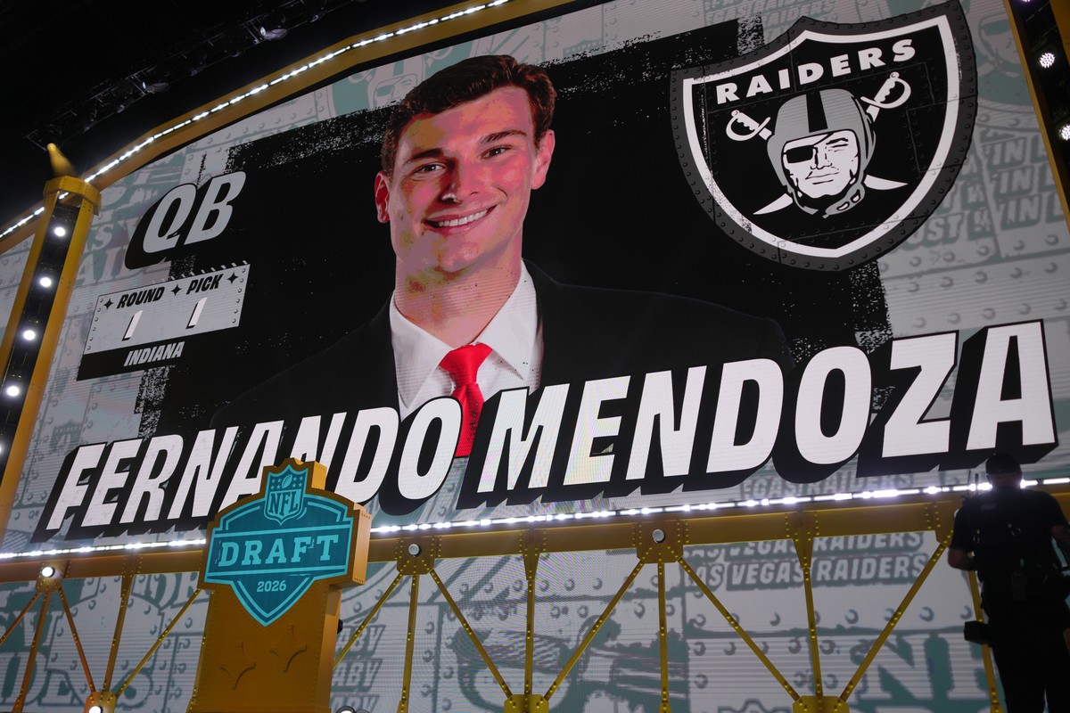 Indiana quarterback Fernando Mendoza is shown on a screen after being chosen by the Las Vegas Raiders with the first overall pick during the first round of the NFL football draft, Thursday, April 23,  ...