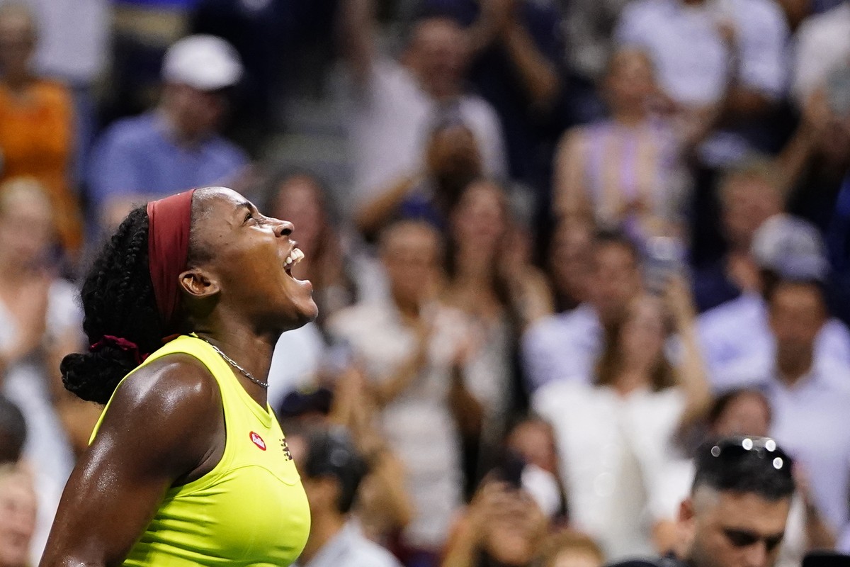 Coco Gauff, of the United States, celebrates her win against Karolina Muchova, of the Czech Republic, during the women's singles semifinals of the U.S. Open tennis championships, Thursday, Sept.  ...
