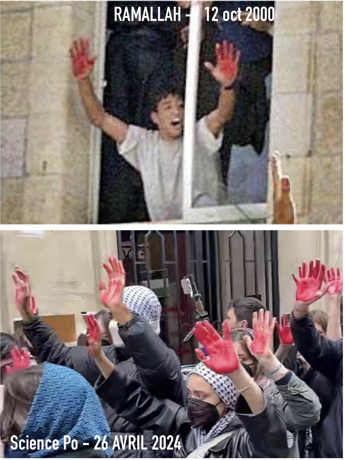 Qu'ont voulu signifier ces manifestants propalestiniens (photo du bas) arborant des mains rouges vendredi devant Sciences Po Paris? Certains veulent y voir une allusion aux mains ensanglantées de ce P ...