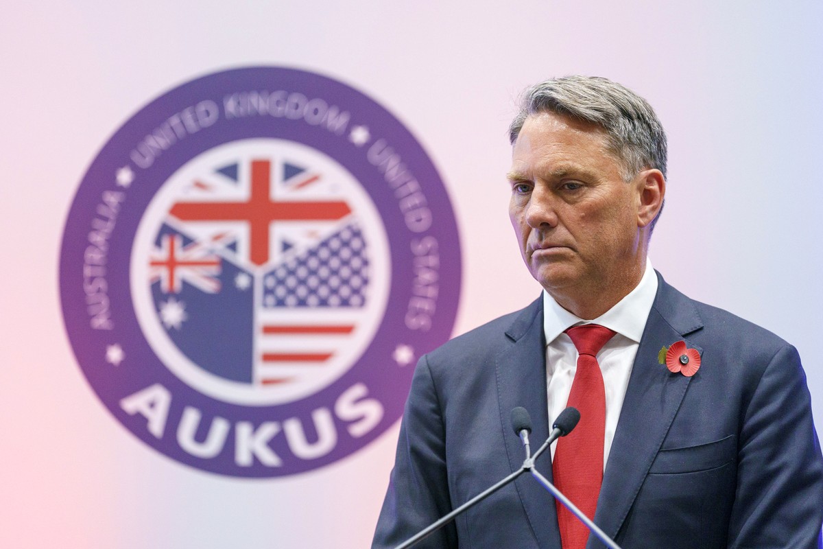 Australian Defence Minister and Deputy Prime Minister, Richard Marles, holds a joint press conference with British Defence Secretary Grant Shapps, on the tri-lateral AUKUS partnership, with, at Rolls  ...