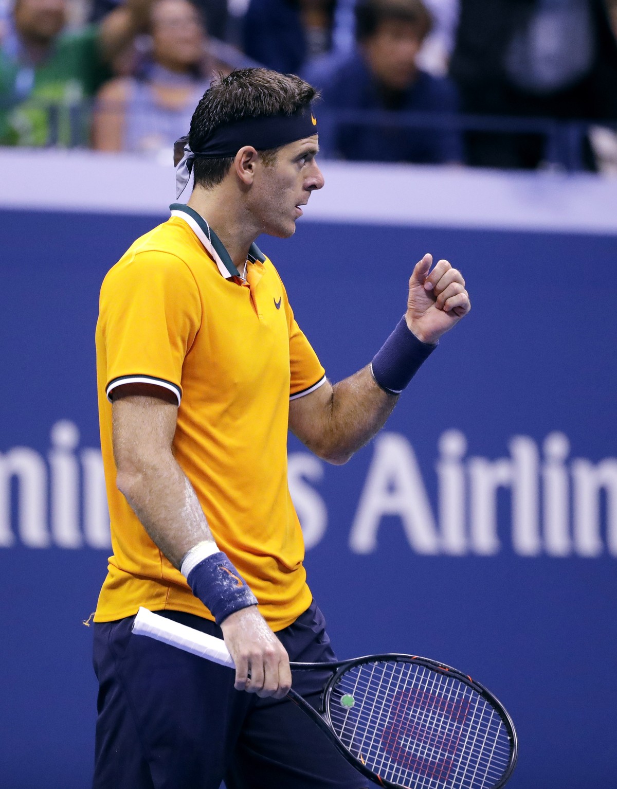 Juan Martin del Potro, of Argentina, reacts after winning a game against Juan Martin del Potro, of Argentina, during the semifinals of the U.S. Open tennis tournament, Friday, Sept. 7, 2018, in New Yo ...