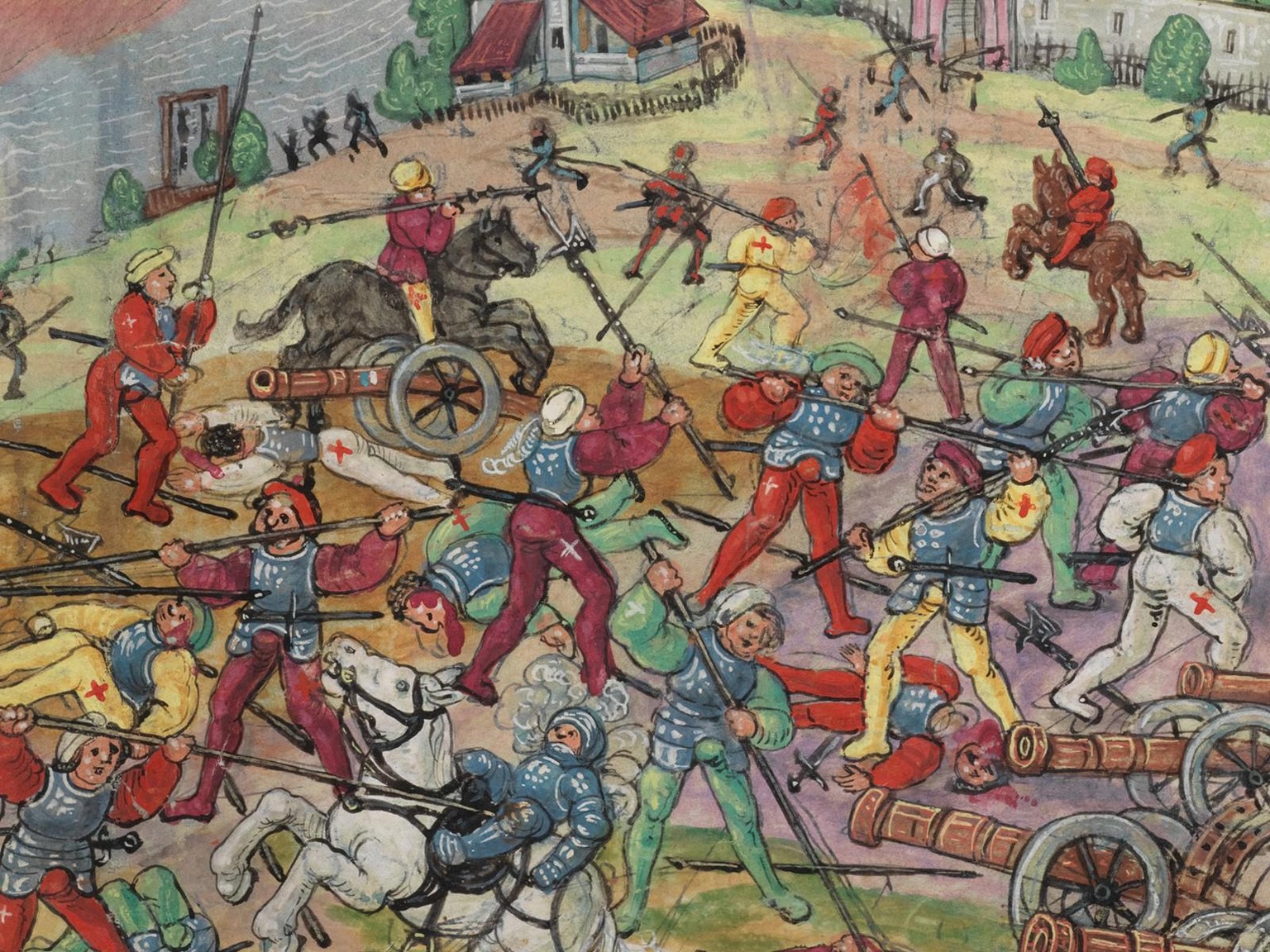 Die Schlacht im Schwaderloh am 11. April 1499 (Ausschnitt).
https://www.e-codices.ch/fr/kol/S0023-2/369