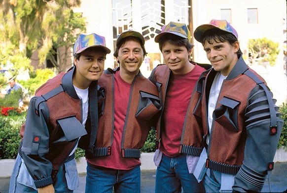 Michael J. Fox With Three Extra Martys: From Left, Photo Double Kevin Holloway, Stand-in Robert Bennett, And Stunt Double Charlie Croughwell On The Set Of Back To The Future Part II