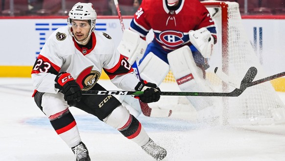 October 6, 2021: Ottawa Senators center Andrew Agozzino 23 tracks the play during the Ottawa Senators versus the Montreal Canadiens game at Bell Centre in Montreal, Quebec. /CSM Montreal Canada - ZUMA ...