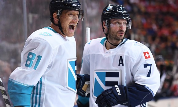 Team Europe&#039;s Marian Hossa, left, celebrates his goal with teammate Mark Streit during second period of a World Cup of Hockey game in Toronto on Wednesday, Sept. 21, 2016. (Frank Gunn/The Canadia ...