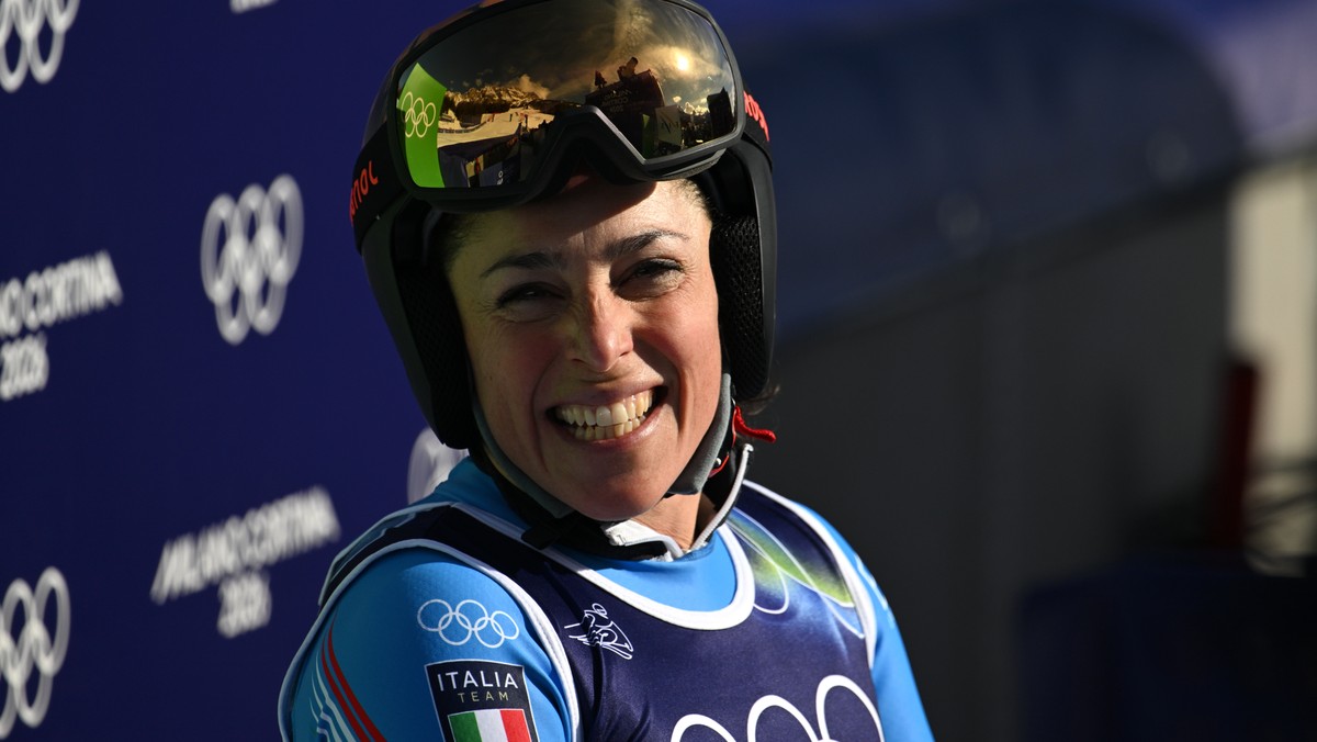 epa12715626 Federica Brignone of Italy reacts in the finish area during the Women's Downhill of the Alpine Skiing competition, at the Milano Cortina 2026 Winter Olympic, Tofane ski centre in Cort ...