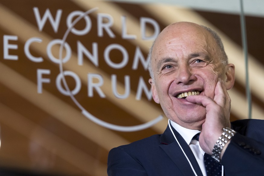 epa07309842 Swiss Federal President Ueli Maurer smiles during the opening of The House of Swiitzerland, HOS, in the Vaillant Arena ice rink on the sideline of the first day of the 49th Annual Meeting  ...