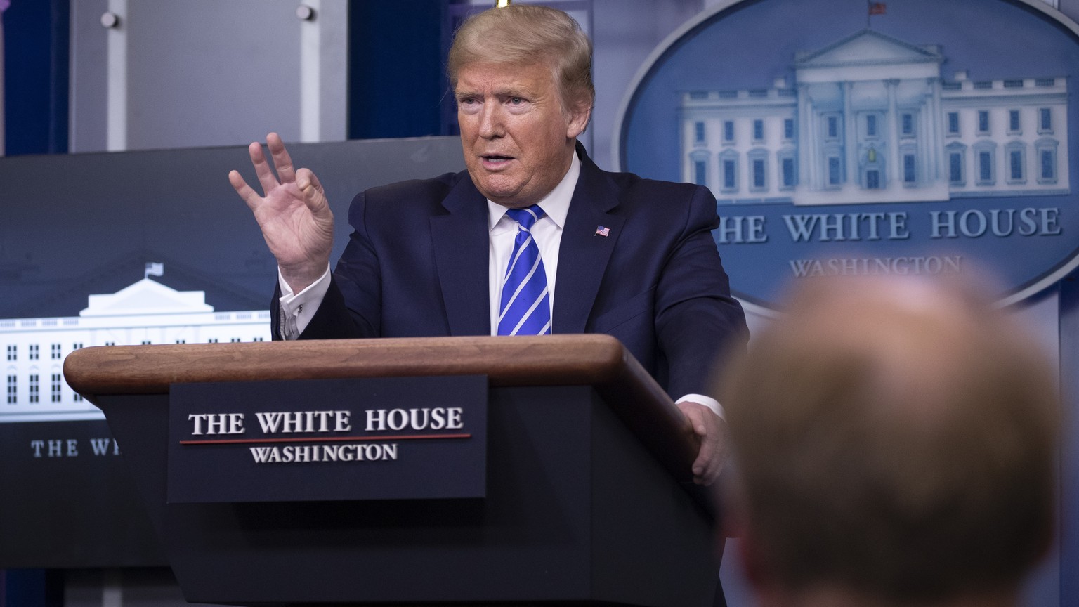 President Donald Trump speaks about the coronavirus in the James Brady Press Briefing Room of the White House, Thursday, April 23, 2020, in Washington. (AP Photo/Alex Brandon)
Donald Trump