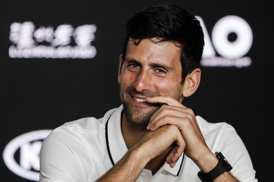 epa07279311 Novak Djokovic of Serbia speaks to the media during a press conference ahead of the Australian Open Grand Slam tennis tournament in Melbourne, Australia, 13 January 2019. EPA/MAST IRHAM