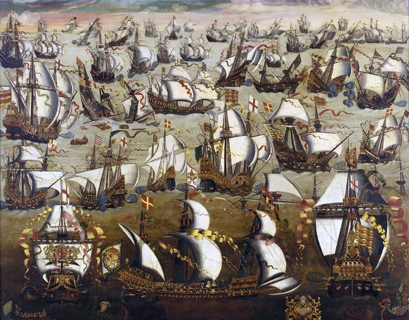 Armada-Schiffe und ihre englischen Feinde auf einem Bild aus dem 16. Jahrhundert.