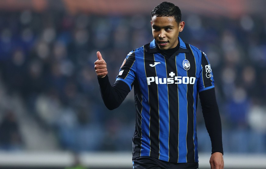 epa09816162 Atalanta&#039;s Luis Muriel reacts during the UEFA Europa League round of 16 first leg soccer match Atalanta BC vs Bayer 04 Leverkusen at the Gewiss Stadium in Bergamo, Italy, 10 March 202 ...