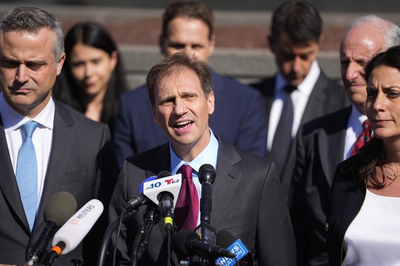 Attorney Justin Nelson, representing Dominion Voting Systems, speaks at a news conference outside New Castle County Courthouse in Wilmington, Del., following the defamation lawsuit by Dominion Voting System...
