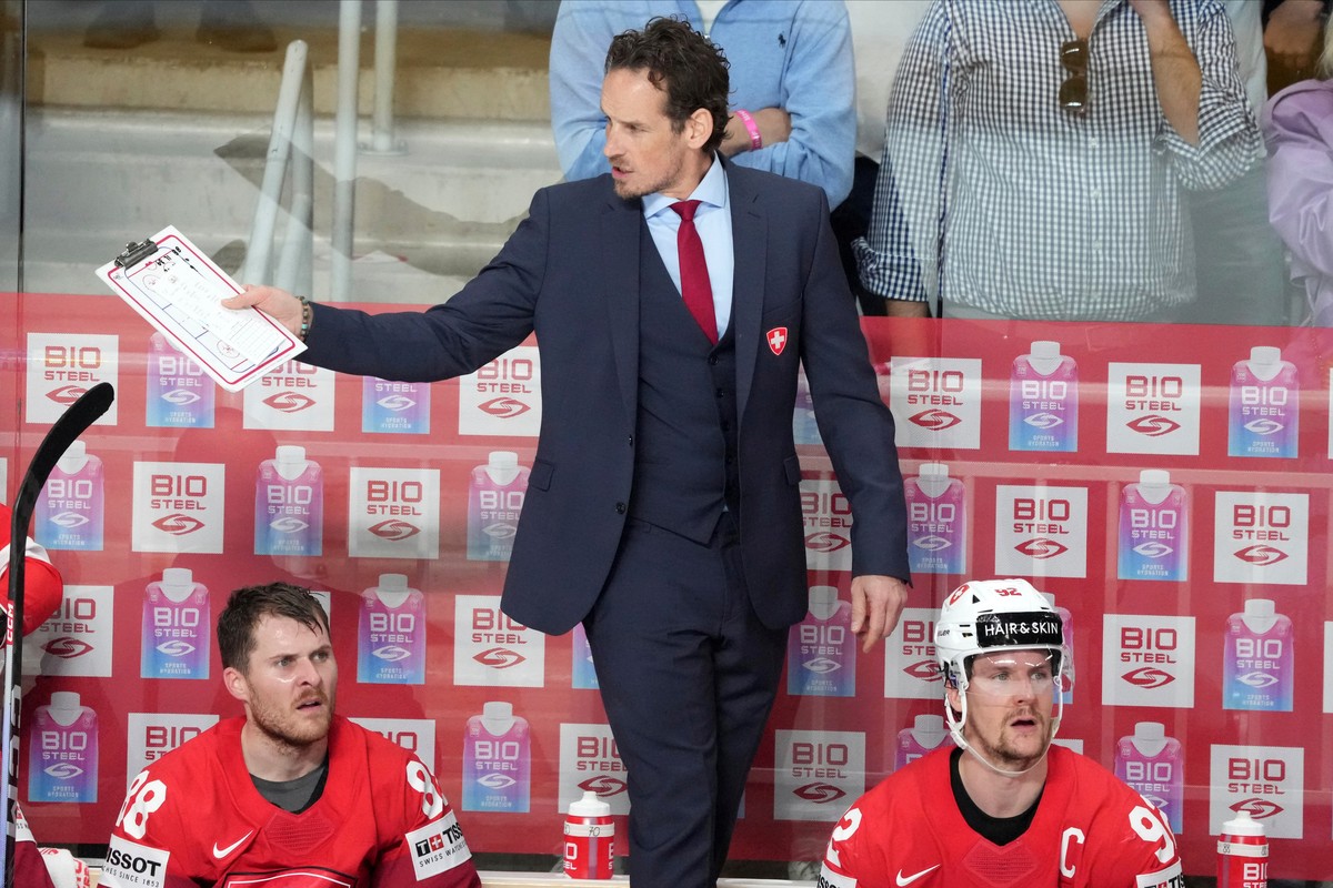 FILE -Head coach Patrick Fischer of Switzerland reacts during the group B match between Latvia and Switzerland at the ice hockey world championship in Riga, Latvia, May 23, 2023. (AP Photo/Roman Koksa ...