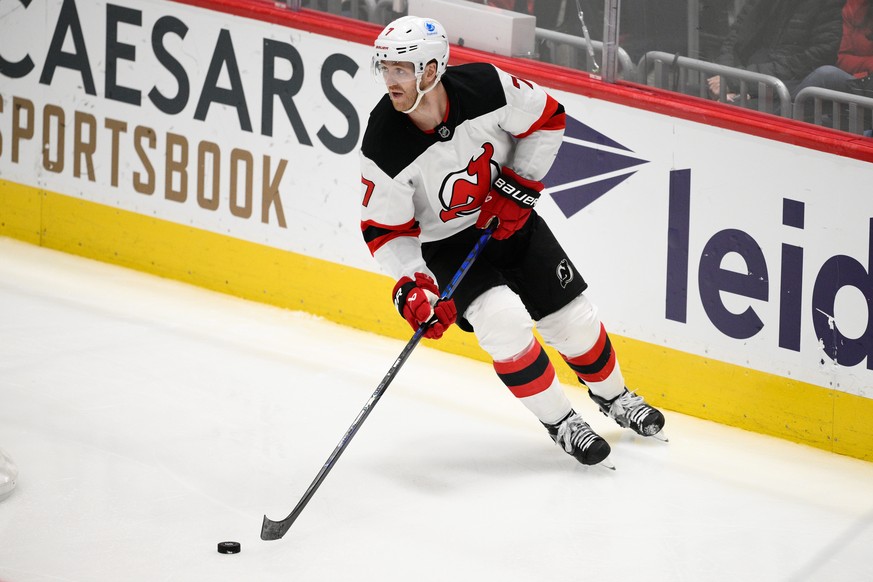 FILE - New Jersey Devils defenseman Dougie Hamilton (7) in action during the third period of an NHL hockey game against the Washington Capitals, Nov. 23, 2024, in Washington. (AP Photo/Nick Wass, File ...