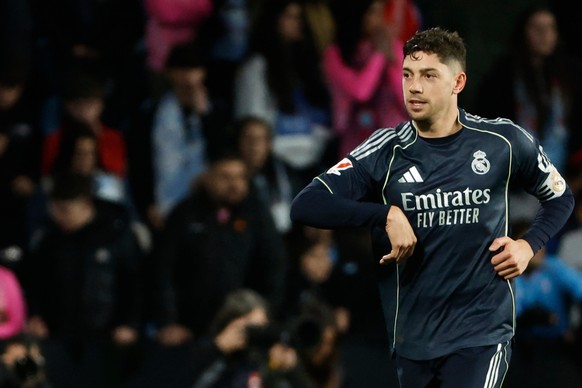 Real Madrid's Federico Valverde celebrates after scoring his side's second goal during a Spanish La Liga soccer match between Celta Vigo and Real Madrid in Vigo, Spain, Friday, March 6, 2026 ...