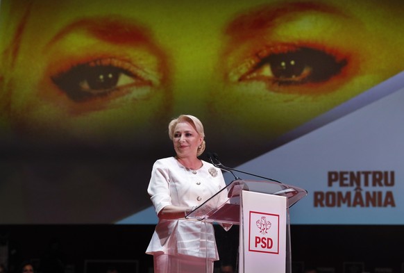 epa07790530 Romanian Prime Minister Viorica Dancila, also the President of the leftist ruling party Social Democracy Party (PSD), addresses party members during the party congress in Bucharest, Romani ...