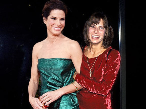 Sandra Bullock einmal in jung und rot, einmal in älter und grün.