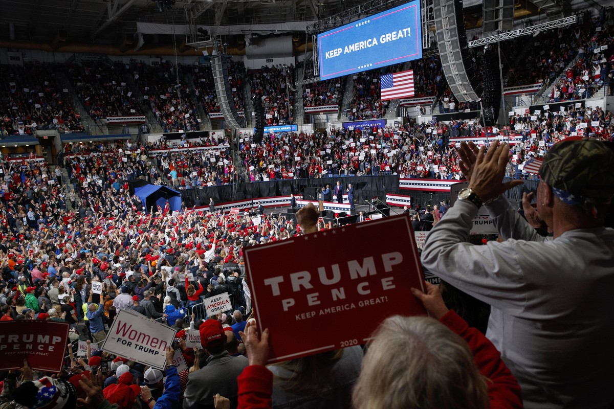 FILE - In this Feb. 28, 2020, file photo President Donald Trump speaks at a campaign rally in North Charleston, S.C. As the economy faces a once-in-a-century recession, with more than 38 million peopl ...