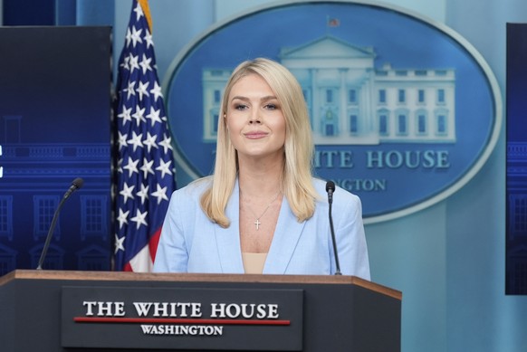 White House press secretary Karoline Leavitt listens during a briefing with reporters in the James Brady Press Briefing Room at the White House, Friday, May 9, 2025, in Washington. (AP Photo/Alex Bran ...