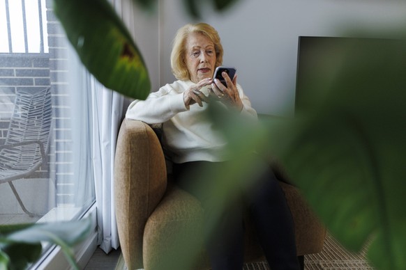 Senior sitting in armchair using phone in cozy living room with plants model released, Symbolfoto property released, JCCMF14609