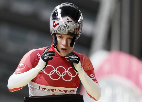 epa06536058 Marina Gilardoni of Switzerland in the finish area after her run in Heat 3 in the Women&#039;s Skeleton competition at the Olympic Sliding Centre during the PyeongChang 2018 Olympic Games, ...