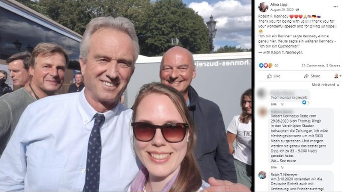 Bei der "Querdenker"-Demo: Alina Lipp mit Robert F. Kennedy Jr., einem der einflussreichsten Köpfe der Anti-Impf-Bewegung, und mit Ralph T. Niemeyer. "Am 3. Oktober vollenden wir die de ...