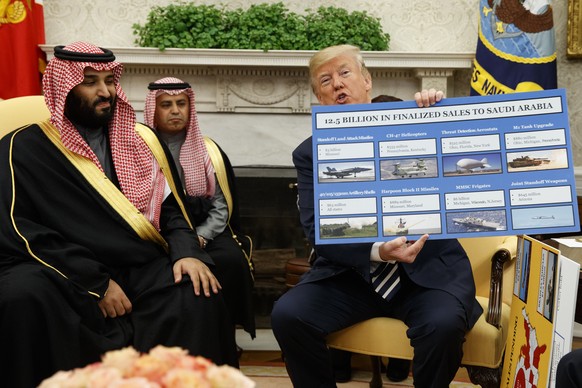 President Donald Trump shows a chart highlighting arms sales to Saudi Arabia during a meeting with Saudi Crown Prince Mohammed bin Salman in the Oval Office of the White House, Tuesday, March 20, 2018 ...