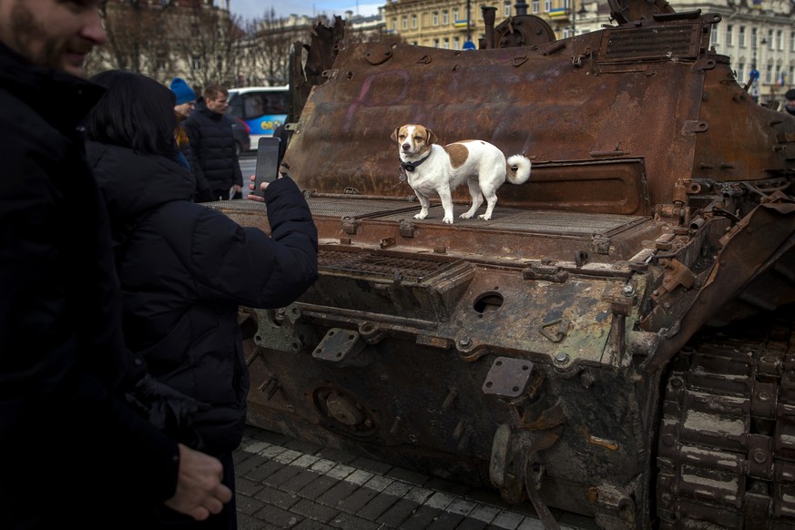 A woman takes a photo of her dog on the destroyed Russian tank T-72B installed as a symbol of war marking the first anniversary of Russia&#039;s full-scale invasion of Ukraine decorated with the banne ...