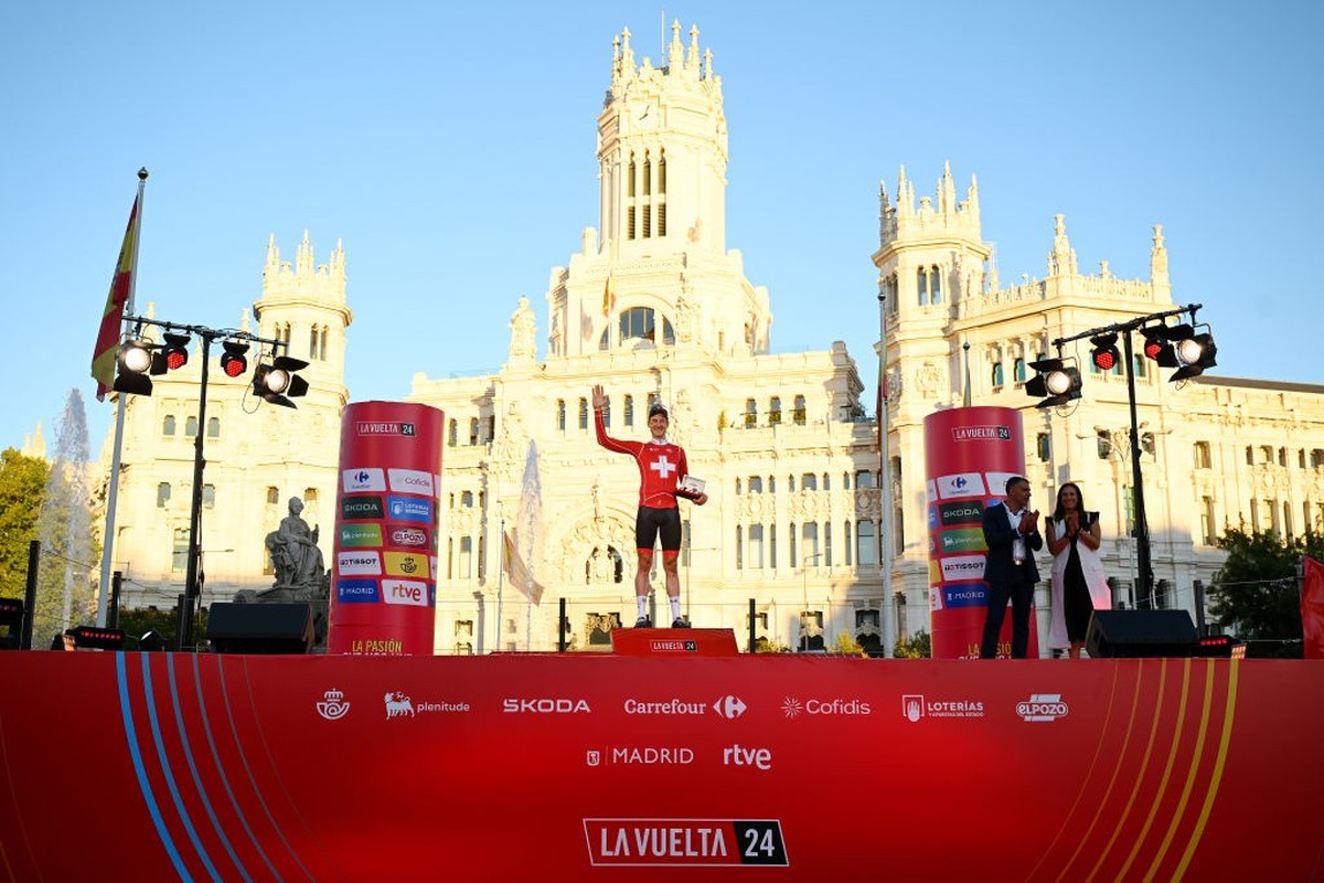 MADRID, SPAIN - SEPTEMBER 08: Stefan Kung of Switzerland and Team Groupama-FDJ celebrates at podium as stage winner during the La Vuelta - 79th Tour of Spain 2024, Stage 21 a 24.6km individual time tr ...