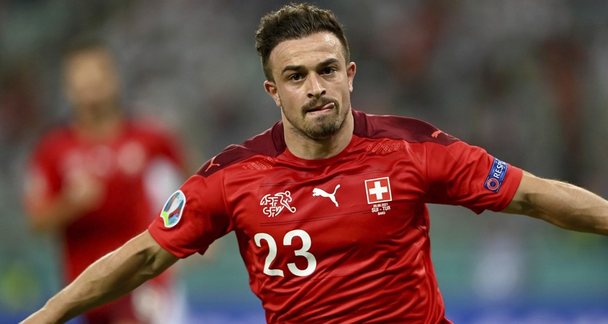 Switzerland&#039;s Xherdan Shaqiri celebrates scoring his side&#039;s third goal during the Euro 2020 soccer championship group A match between Switzerland and Turkey at the Baku Olympic Stadium in Ba ...