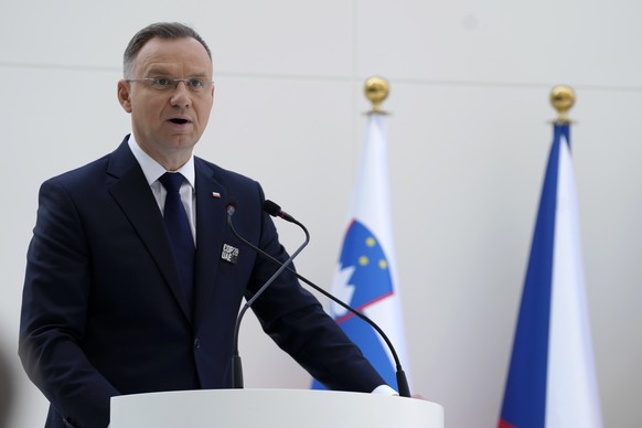 FILE - Polish President Andrzej Duda speaks at an event in support of tripling global nuclear capacity by 2050 during the COP28 UN climate summit, Saturday, December 12.  2, 2023, in Dubai, United Arab Emirates