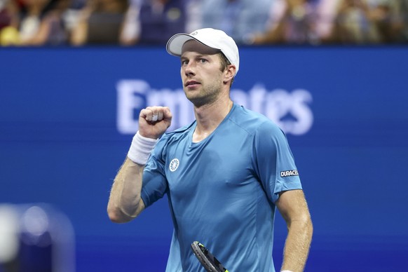 epa11572695 Botic van De Zandschulp of the Netherlands reacts after winning a second round match of the US Open Tennis Championships against Carlos Alcaraz of Spain, at the USTA Billie Jean King Natio ...