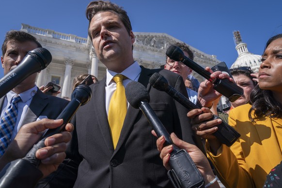 Rep. Matt Gaetz, R-Fla., one of House Speaker Kevin McCarthy&#039;s harshest critics, answers questions from members of the media after speaking on the House floor, at the Capitol in Washington, Monda ...